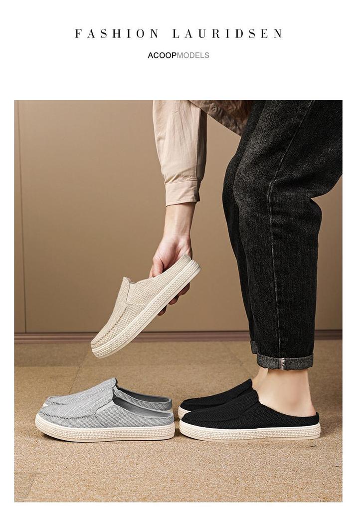 Men's Casual Cotton Linen Backless Moccasins - Solid Color Low-Top Slippers