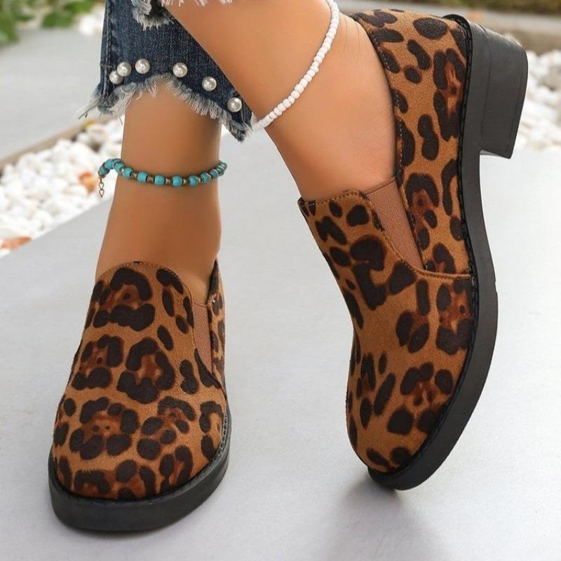 Large size single shoes women's autumn new round head leopard print casual thick heel one-pedal single shoes