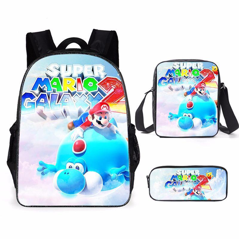 Set Zaino Cartone Animato Mario 3-in-1 Zaino per Studente per Laptop Borsa a Spalla Astuccio Zaino Scolastico per Bambini