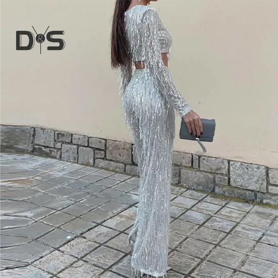 2Pcs/Set Women Tassel Sequin Party Outfit Set O Neck Long Sleeve Cropped Tops High Waist Wide Leg Long Pants Set