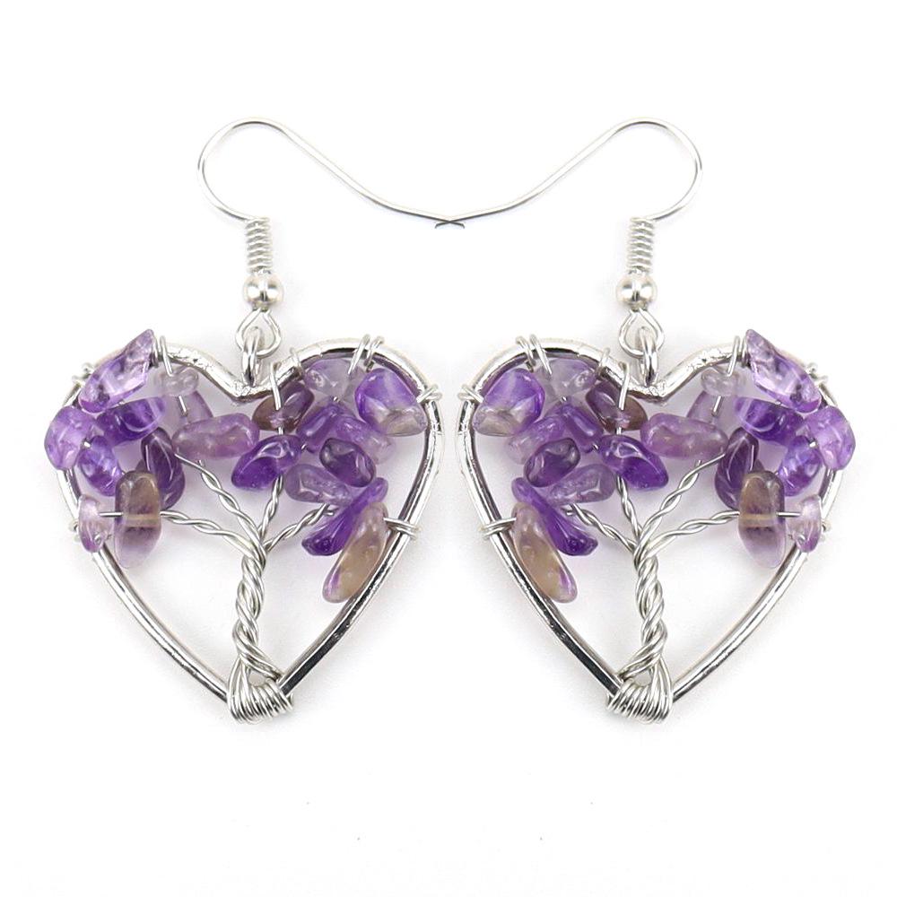 Handmade Amethyst Heart Crystal Tree of Life Earrings