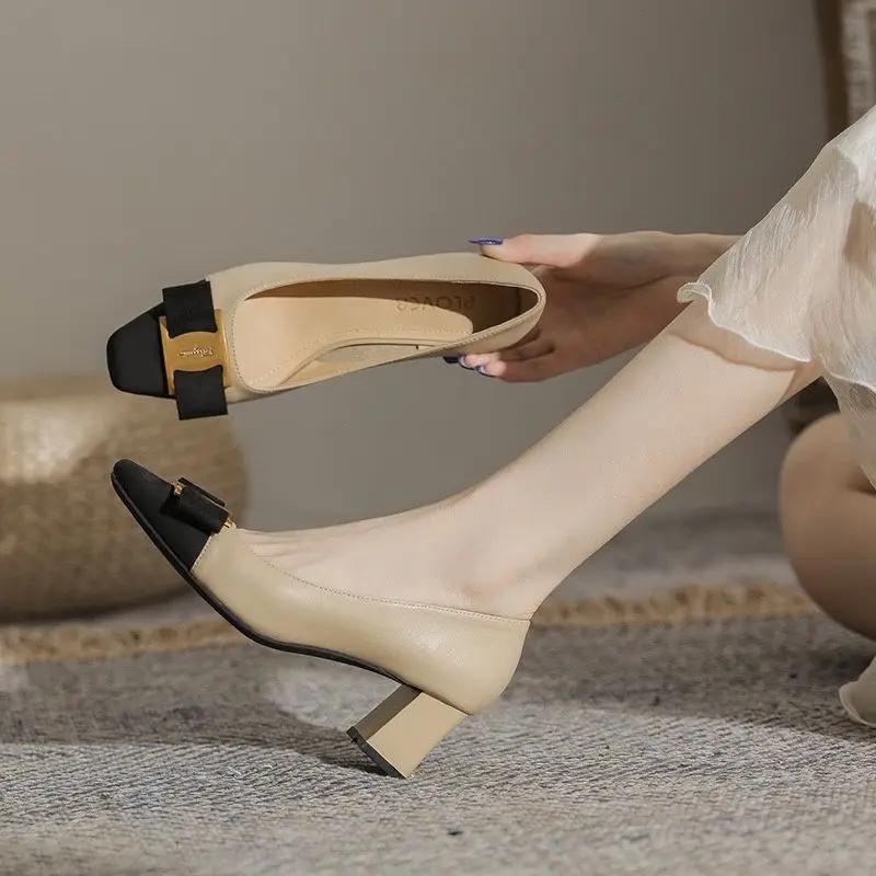 Fashion Luxury Leather Casual Metal Decoration Shoes For Women Woman Footwear Chunky Heels Square Toe Block Heel With Medium Young L A E