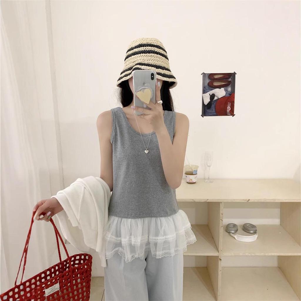 Double-Layer Lace Mesh Sleeveless Cotton Vest