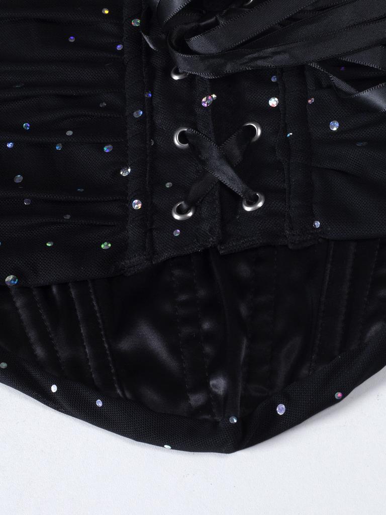 Rose Beauty A Rave Valentine's Day Elegant Sparkling Sequin Decor Fishbone Detail Grommet Lace Up Back Overbust Corset Shapewear Party Crop Tube Top
