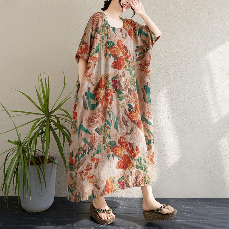 Dimanaf 2025 Plus Size Dress Women Summer Elegant Long Floral Printing Dress Loose Casual Vintage Dress Maxi