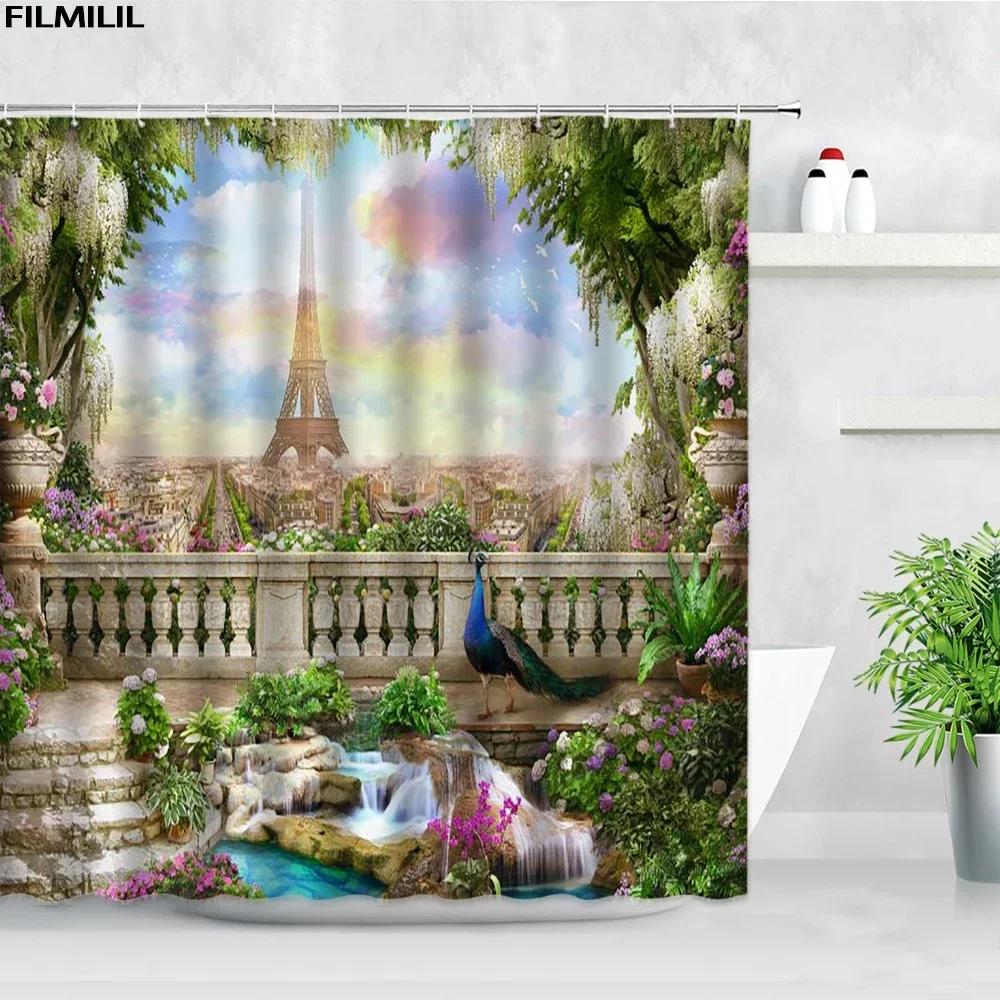 London Street View Shower Curtains Big Ben Red phone Booth Bus Printing Retro Wall Decor Cloth Screen Hooks Bathroom Curtain Set