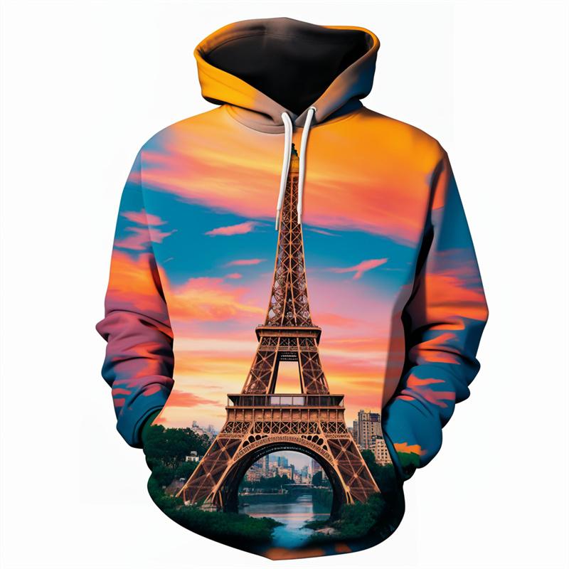 Famous Eiffel Tour Pattern Hoodies For Men Sunset Glow 3D Printed Sweatshirts Casual Pullover Long Sleeve Hooded Loose Tracksuit