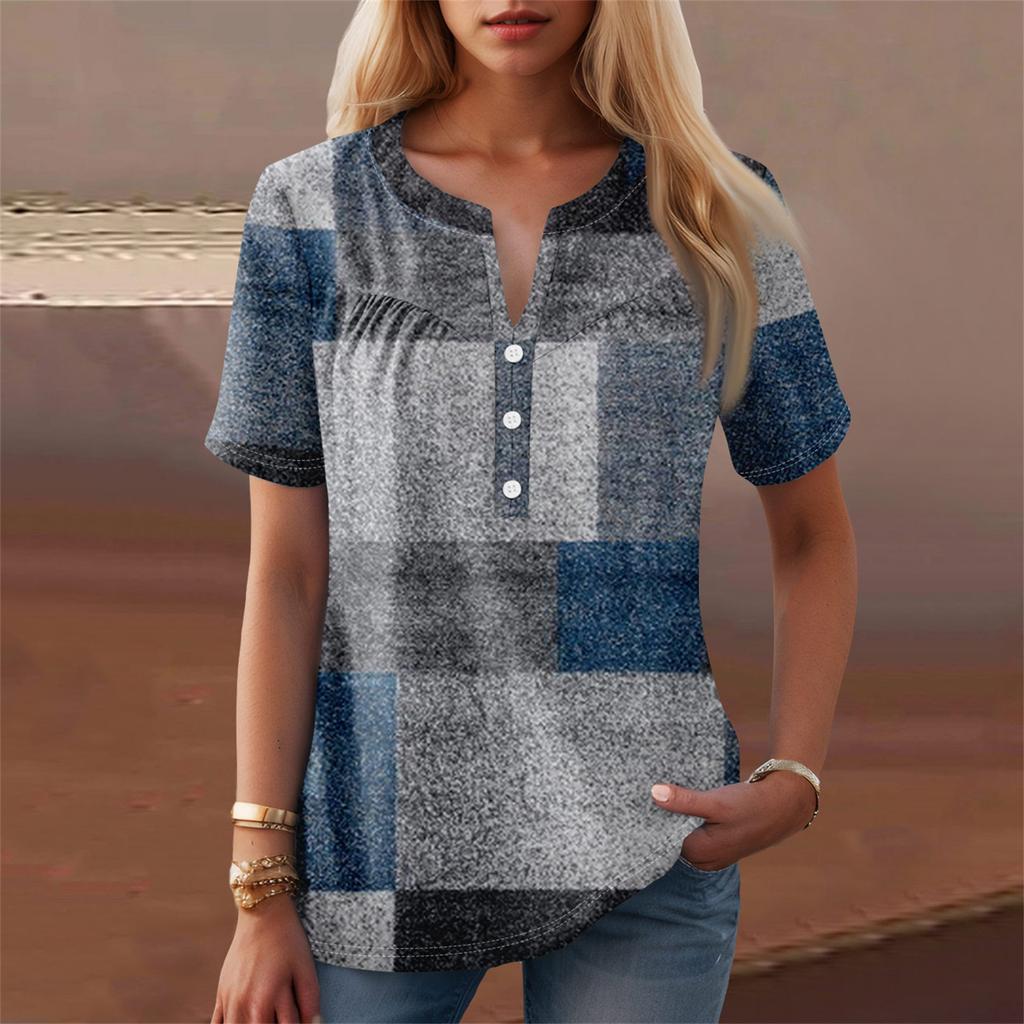 Women's Casual Floral Print V-Neck Short Sleeve Decorative Button T-Shirt Top