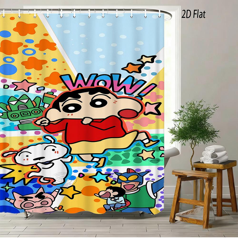 Crayon Shin-Chan & Shiro & Himawari Photo Collage Scene 2D Print Waterproof Shower Curtain, Warm Yellow Checkered With Star Acce