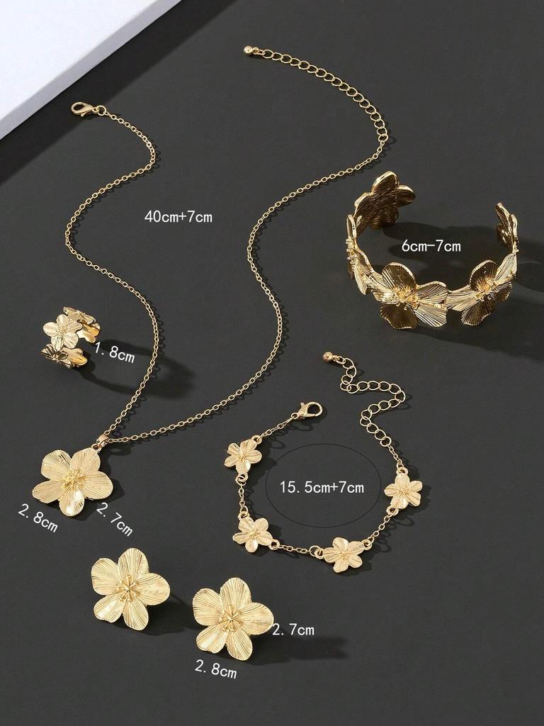 5/6PCS Women's W Jewelry Set Fashionable Casual Flower Necklace Bracelet Earrings Ring Set Suitable for Daily Wear and As Gifts