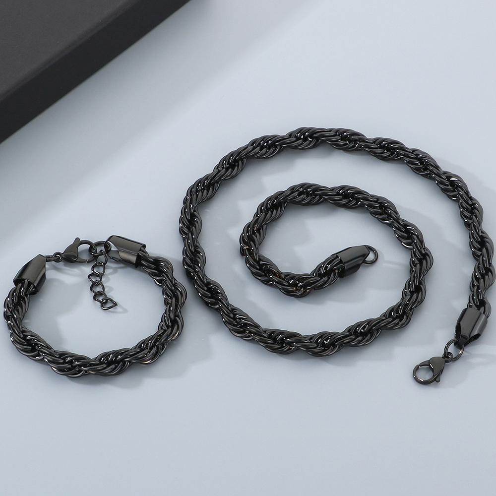 Classic Men's 10mm Twisted Rope Chain Man Bracelet Necklace Set Luxury Black Gold Color 61CM Long Stainless Steel Choker for Men