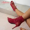 Aphixta Angola Red Thin Heels Summer Boot 9.5cm High Heels Women Ankle Boots Narrow Bands Peep Toe Shoes Ankle Boot Woman