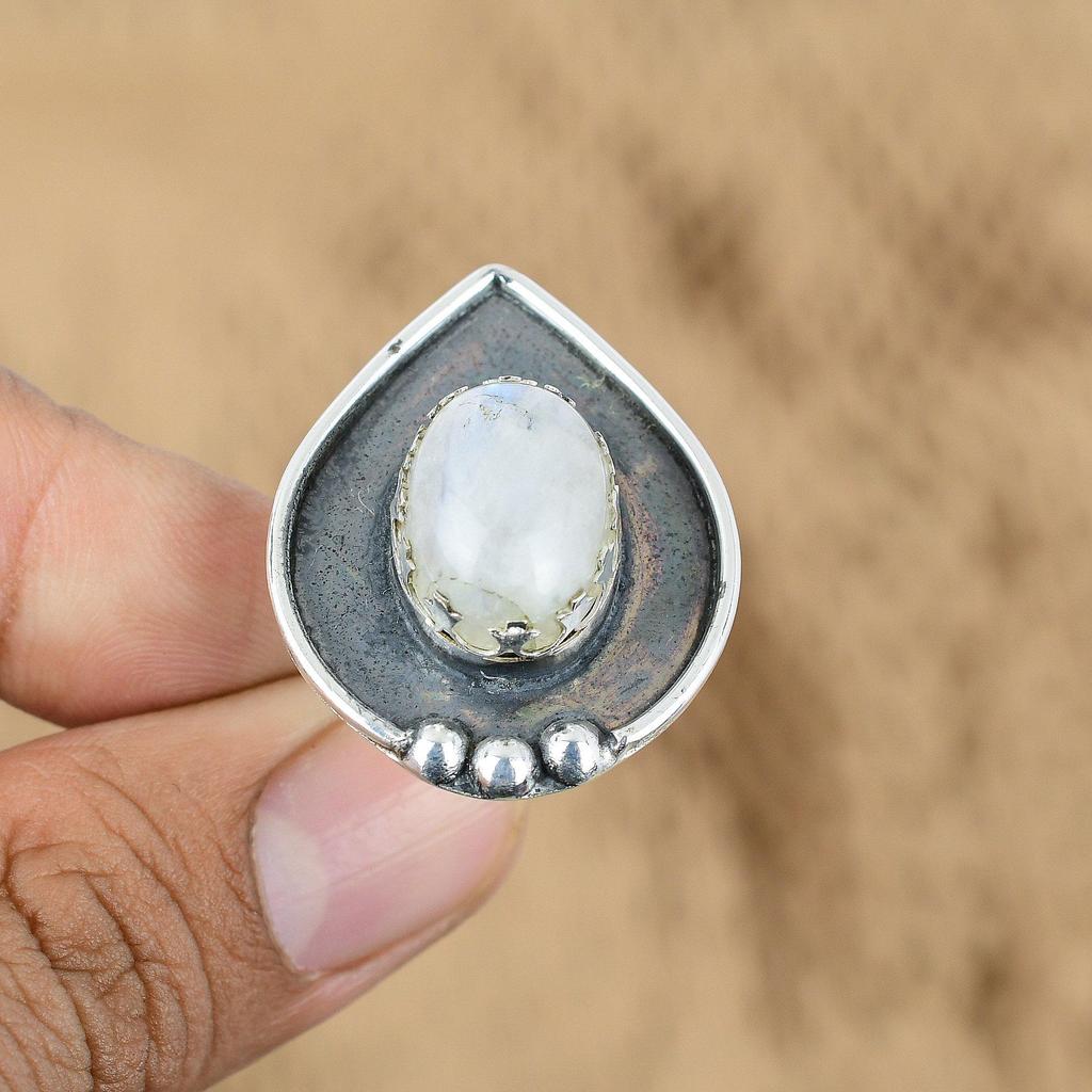 Mothers day Deal 925 Sterling Silver Rainbow Moonstone Gemstone Boho Ethnic Ring