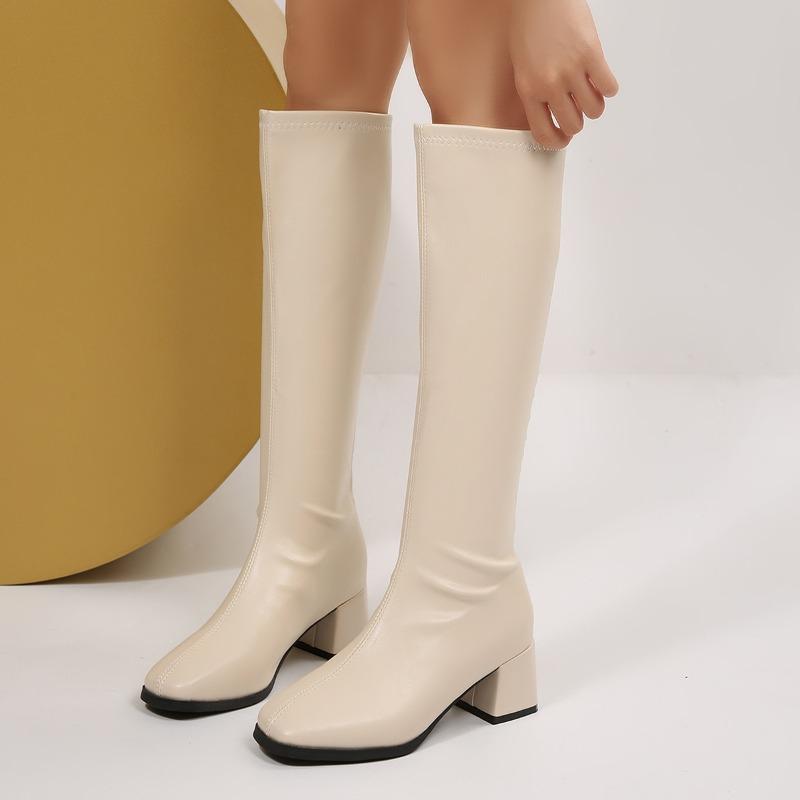 Winter Women Knee High Boots Cosy Soft Leather Thick Heel Shoes Female Vintage Slim Long Booties