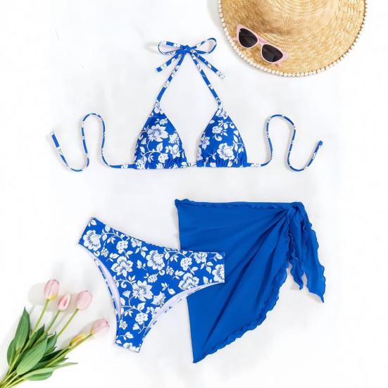 3Pcs/Set Swimsuit Set Halter Chest Pads No Underwire Bra Swimming Briefs Sheer Trim Cover Up Skirt Set Floral Print Split Swimsuit