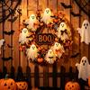 Decorative Fall Wreath Halloween Boo Ghost Wreath, Spooky Door Hanging Decoration with Pumpkins Holiday Home Accents And Spider Webs for Front Porch,