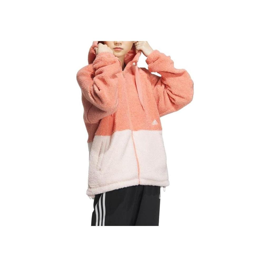 adidas Loose Fit Color Block Fleece Zip-Up Hoodie Jacket Women Jackets Orange IK9864