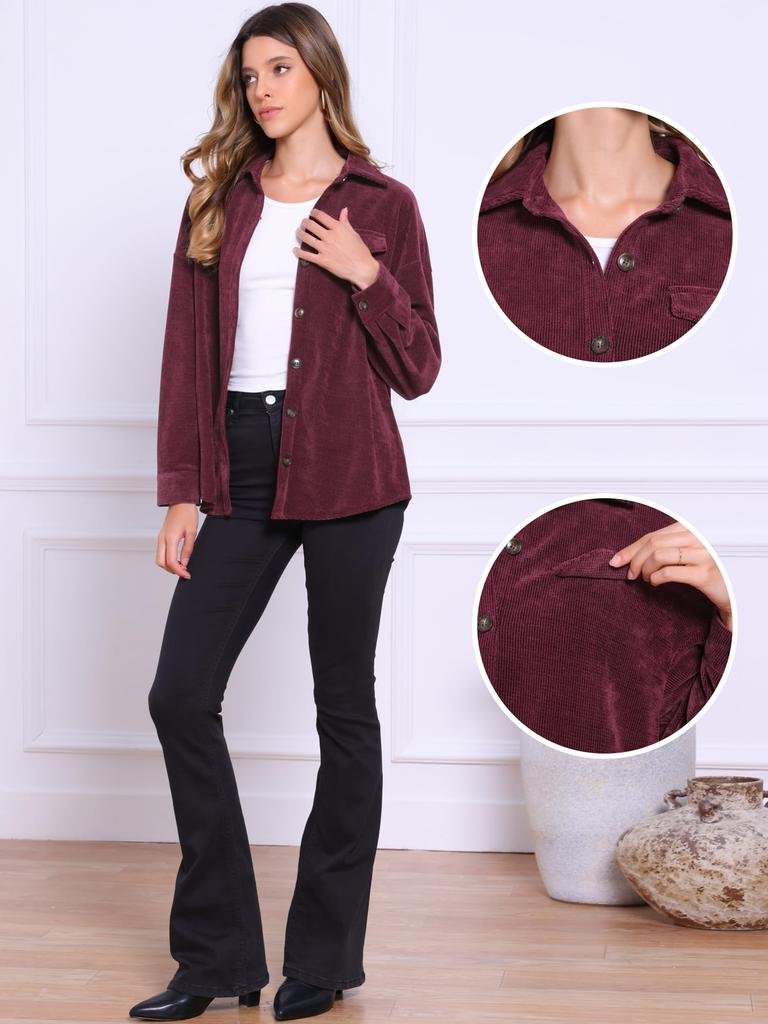 Allegra K Women's Corduroy Jacket, Button-Down Long Sleeve Oversized Casual Shirt, Burgundy, Size M