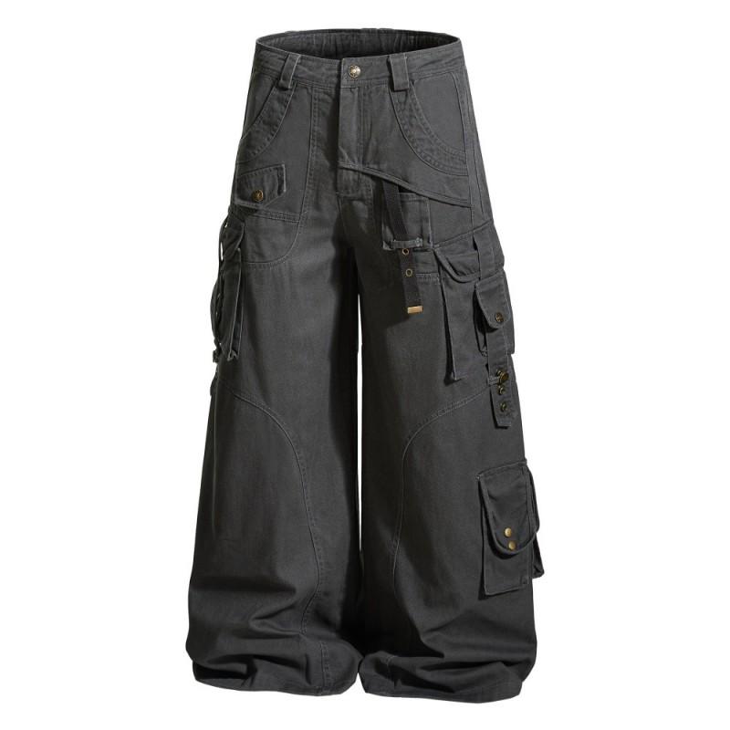 Mens Vibe High Street Cargo Pants Solid Color Loose Wide Leg Work Trousers With Multiple Pockets