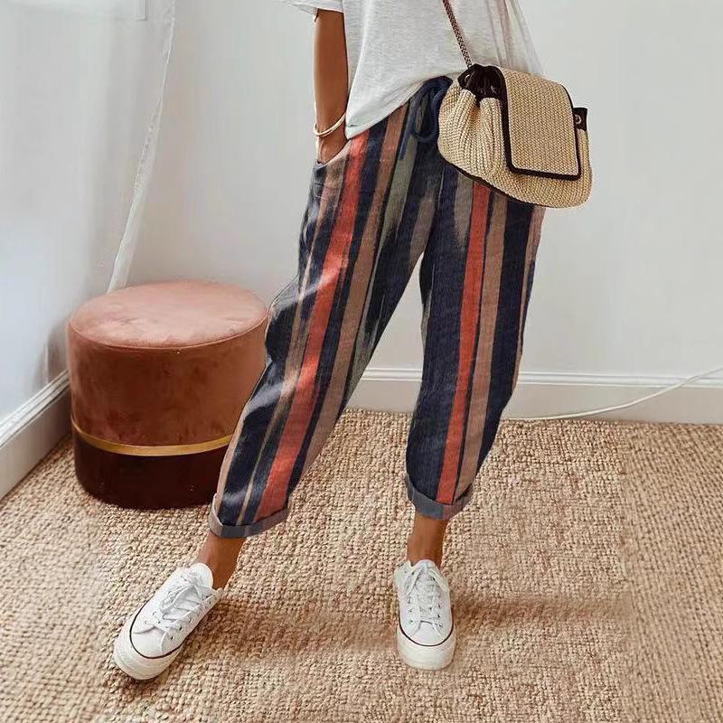 2024 European & American Style Print Cotton Linen Casual Pocket Long Pants