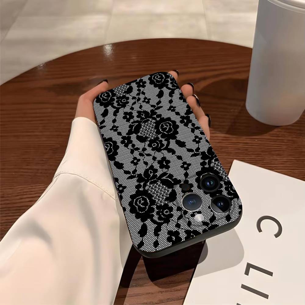 

Lace Print Phone Case For iPhone 17,16,15,14,13,12,11,Pro,Max,Plus Soft Black Cover iPhone13PROMAX