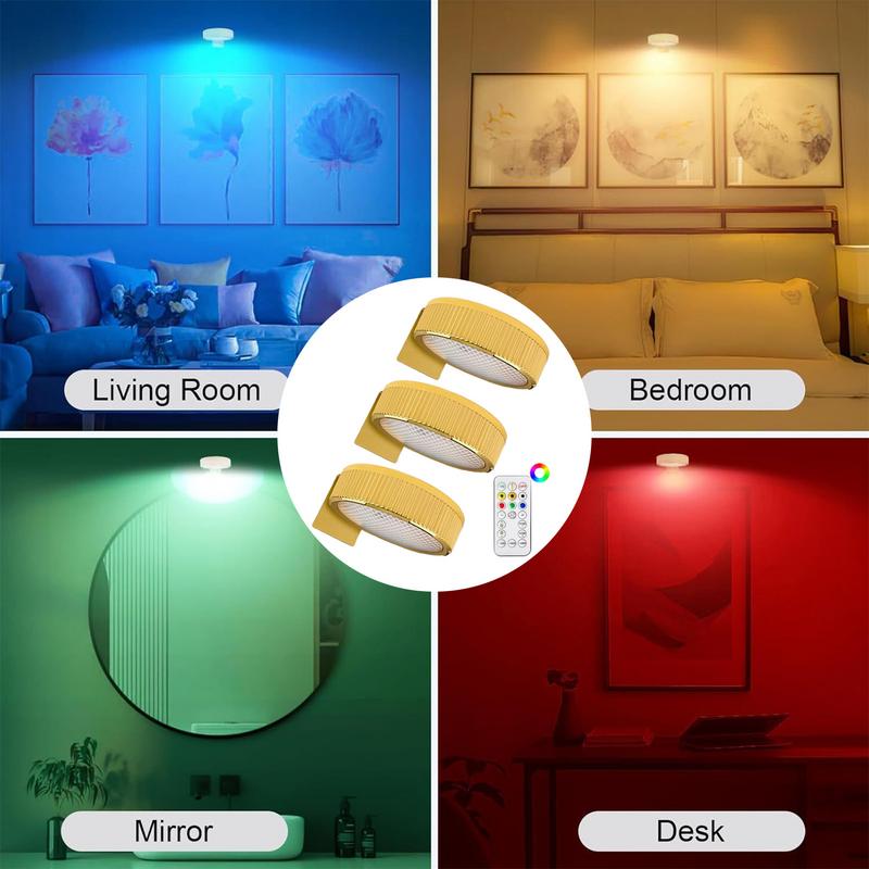 3Pcs Battery Operated Picture Light 24 Color Spotlight Indoor Picture Light Battery-Operated Lamp Living Room Decoration