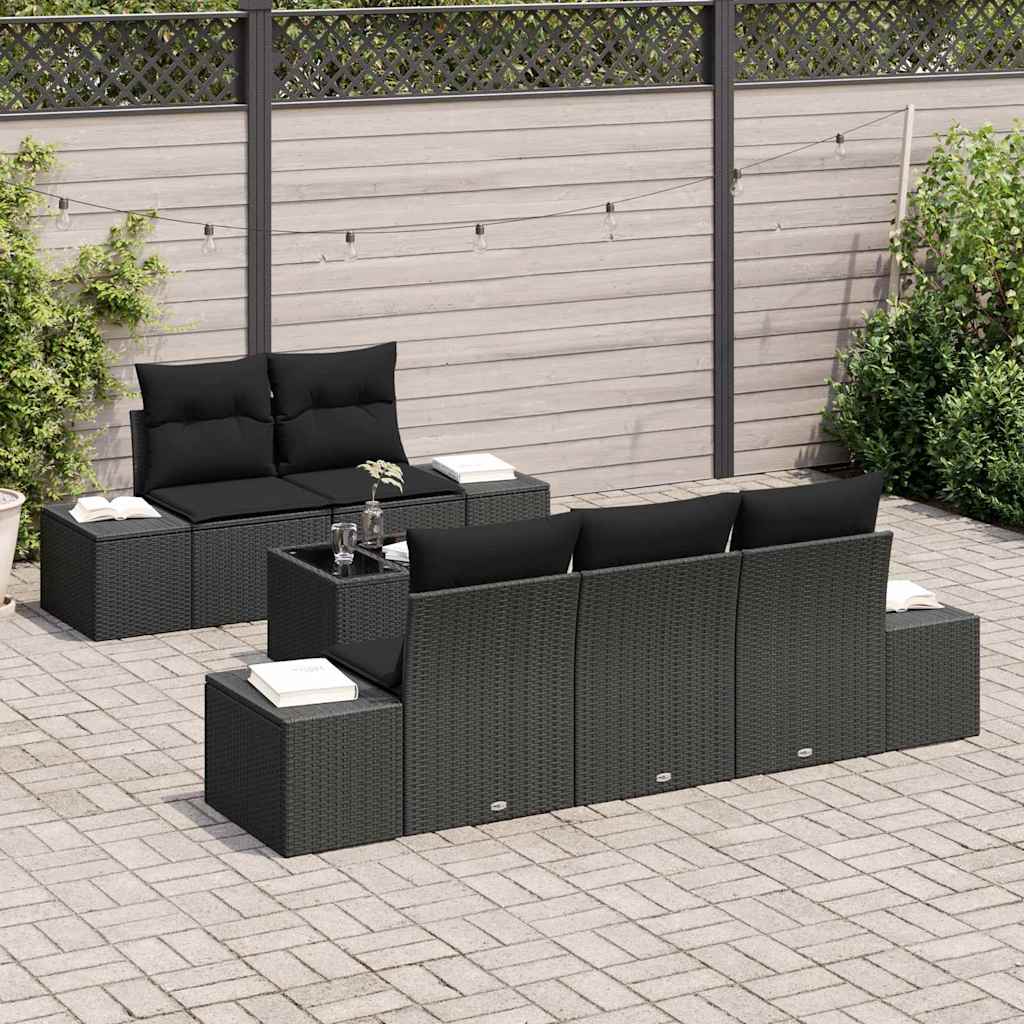 Sofa Set with Cushions Black Poly Rattan