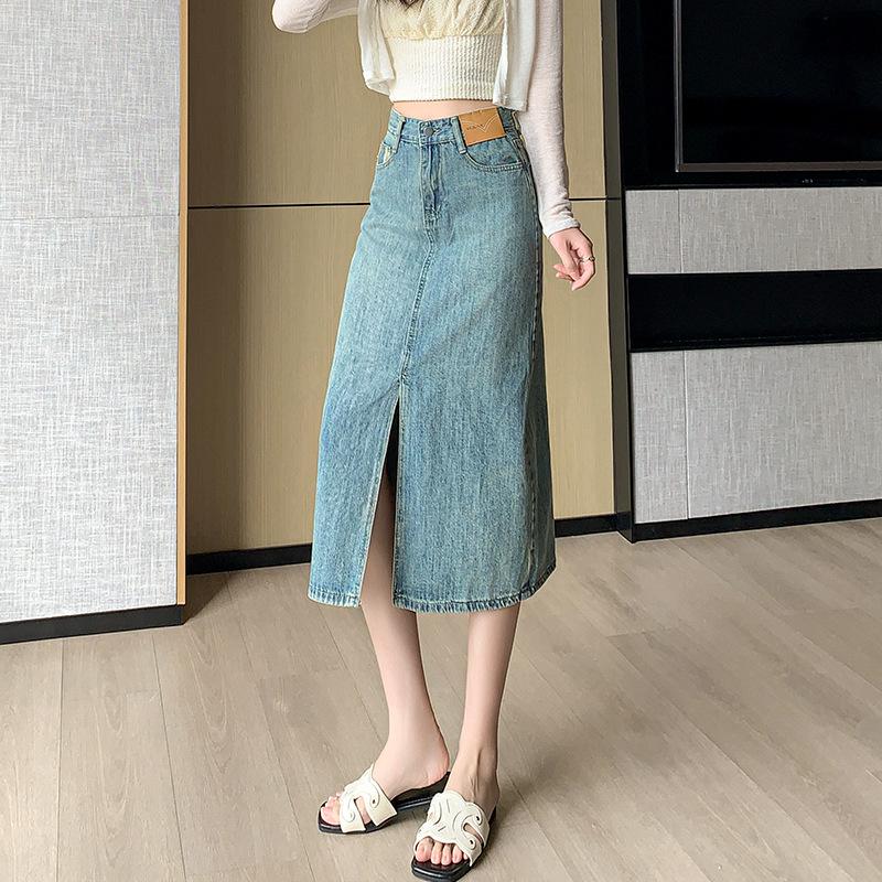 2024 Spring/Summer Elegant High-Waist Denim Midi Skirt with Front Slit for Women