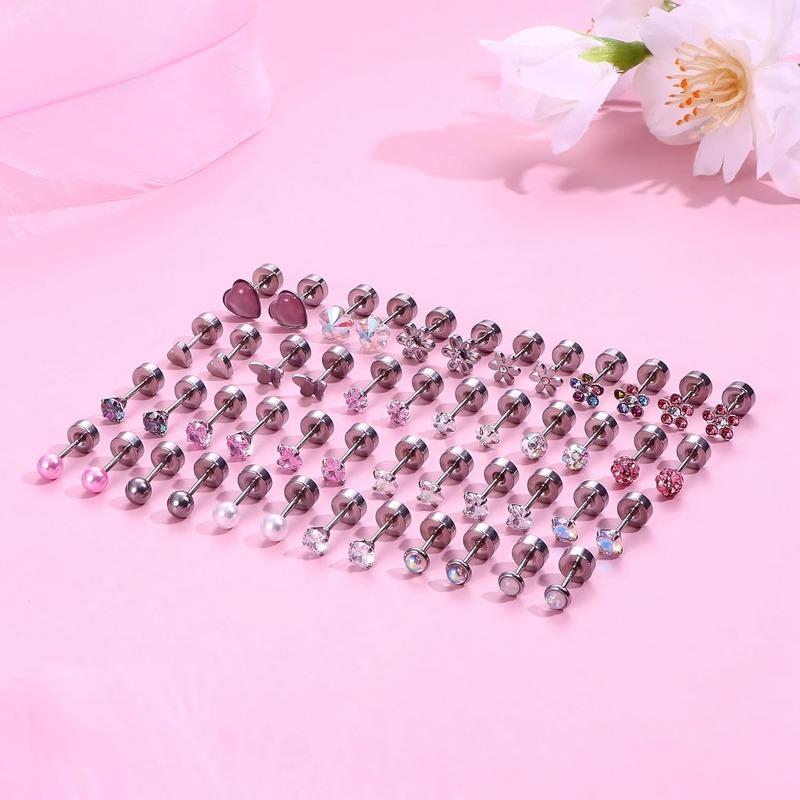 24Pairs Stainless Steel Stud Earrings for Women CZ Screw Back 4mm Tiny Flat Back Studs Cute Dainty Jewelry Gift Set 16G 18G