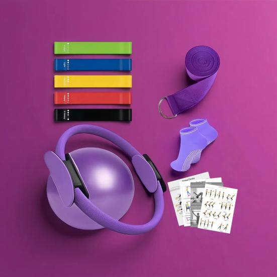 9Pcs/Set Yoga Fitness Kit with Pilates Ring Yoga Ring Ball Grip Socks 5 Booty Resistance Band Stretching Belt Home Gym Fitness Equipment