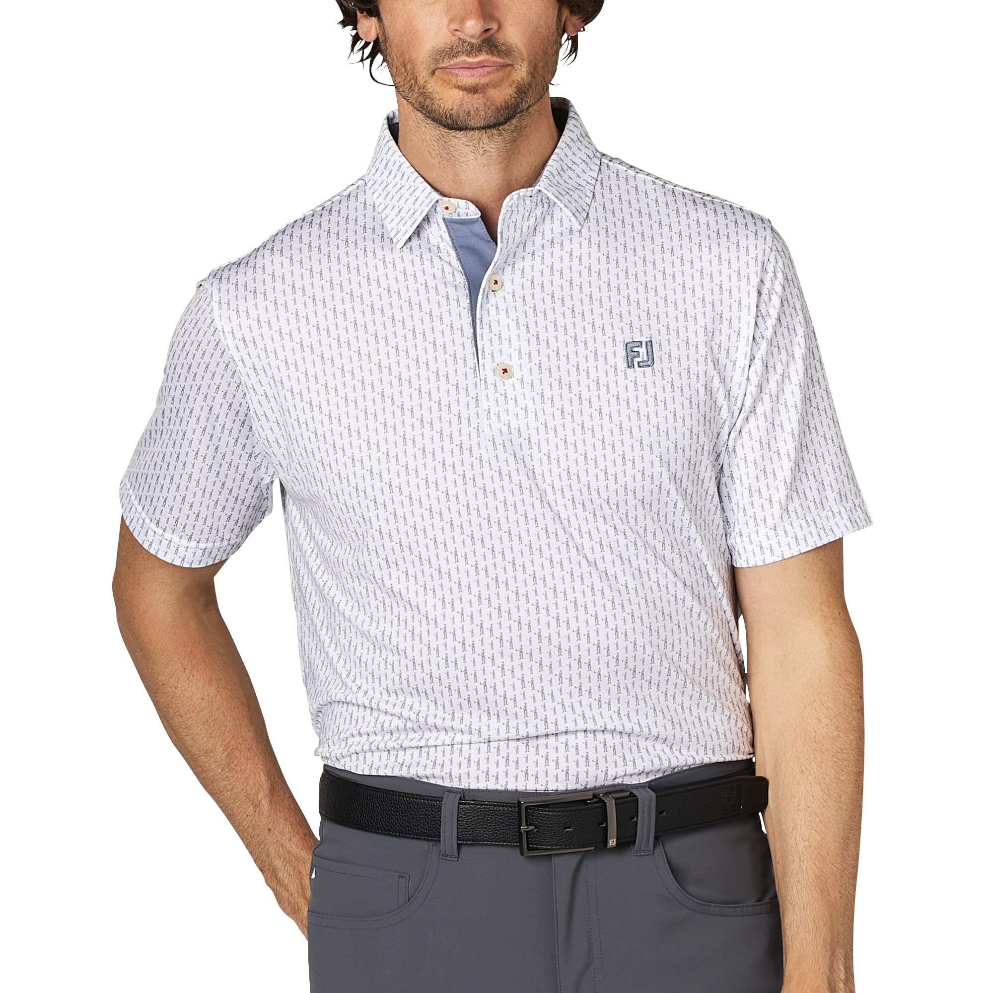 

FootJoy Men s Player Figure Print Short Sleeve Golf Shirt, White/Flint, Size L (FJ-S25-S15, 34564-L)