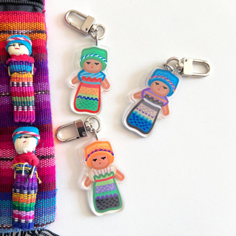 3 types of worry doll keychains Worry (blue hat)