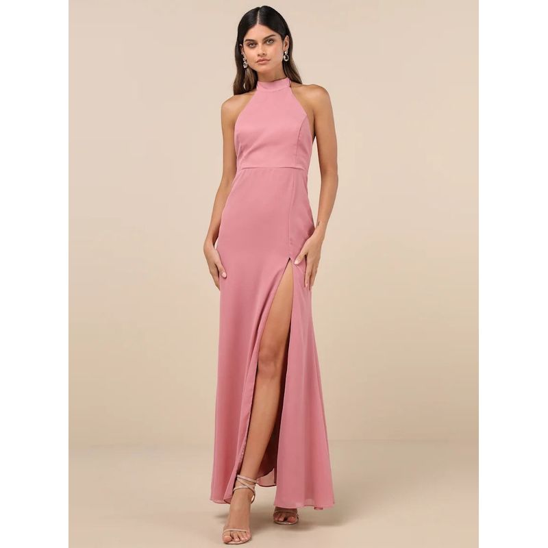 Foreign Trade Order Lu's 2025 New Dopamine Vacation Elegant Chiffon Lace-up Hanging Neck Split Wedding Dress Formal Dress