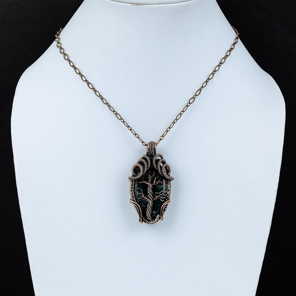 Elegant Indian Moss Agate Gemstone Pure Copper Wire Wrapped Handmade Pendant Jewelry