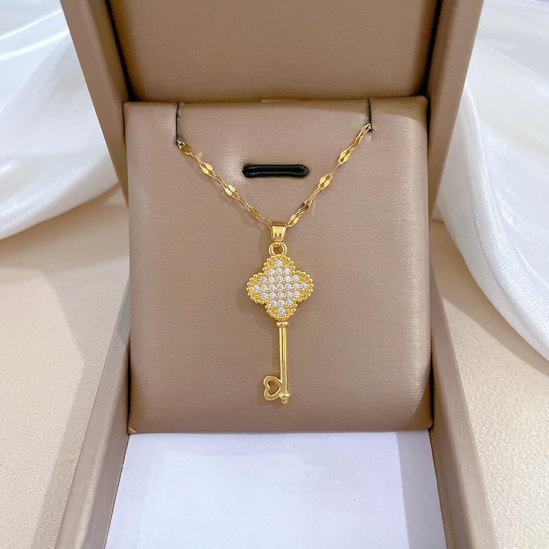 Titanium Steel Lucky Grass Key Light Luxury Temperament Gorgeous Full Diamond Lucky Necklace Women'S Versatile Collarbone Chain Titanium Steel Chain