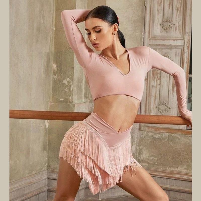 Gonna da Danza Latina da Donna per Adulti Tango Cha Cha Danza Latina Gonna Professionale da Pratica Sexy a Tre Strati con Frange Girovita a V Semigonna