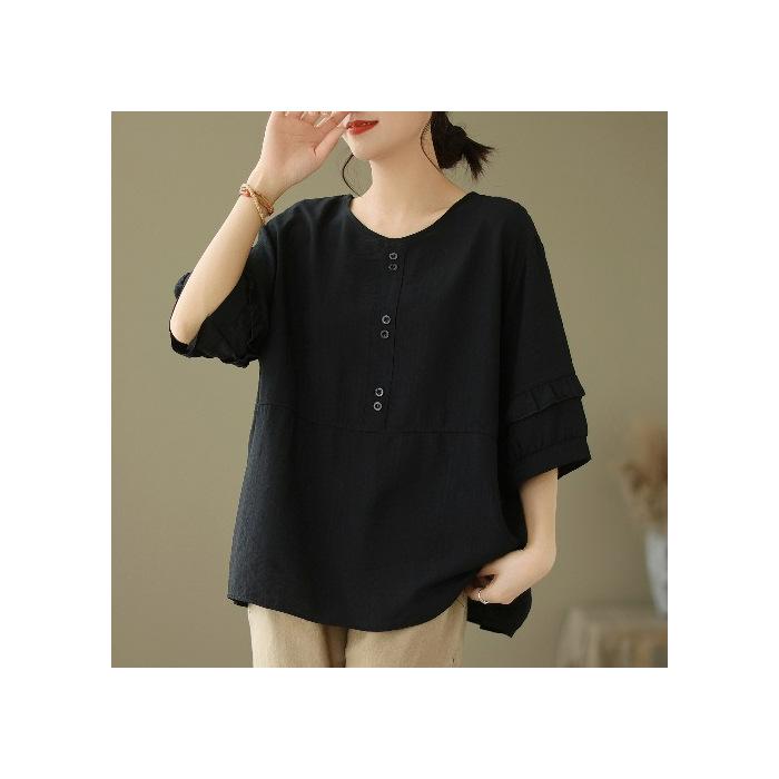 Summer Women Plus Size Round Neck Solid Color Tops Loose Cotton and Linen Button Comfortable Casual Short Sleeved T-shirt
