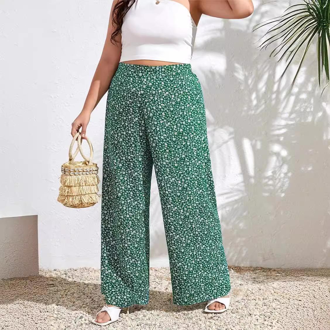 Women s Printed Straight Leg Pants Plus Size Casual Pants XL зелёный