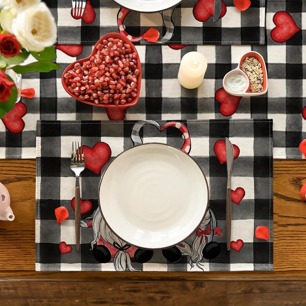 4pcs,Buffalo Plaid Hearts Gnomes Love Valentine's Day Placemats Set of 4, 12x18 Inch Anniversary Wedding Holiday Table Mats for Party Kitchen Dining D