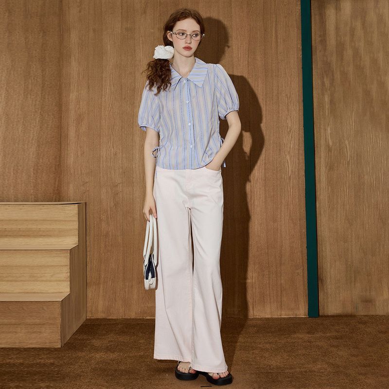 Coolhut American-Style Striped Drawstring Puff Sleeve Short Lapel Short-Sleeve Design 2025 Summer Women's Shirt