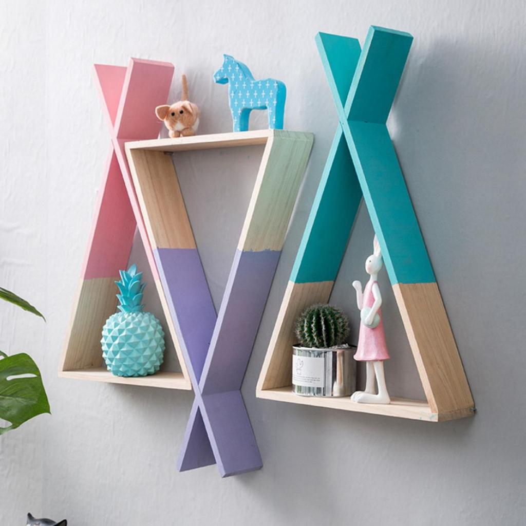 Children Wooden Wall Shelf Triangle Storage Bookshelf Living room and home Decor