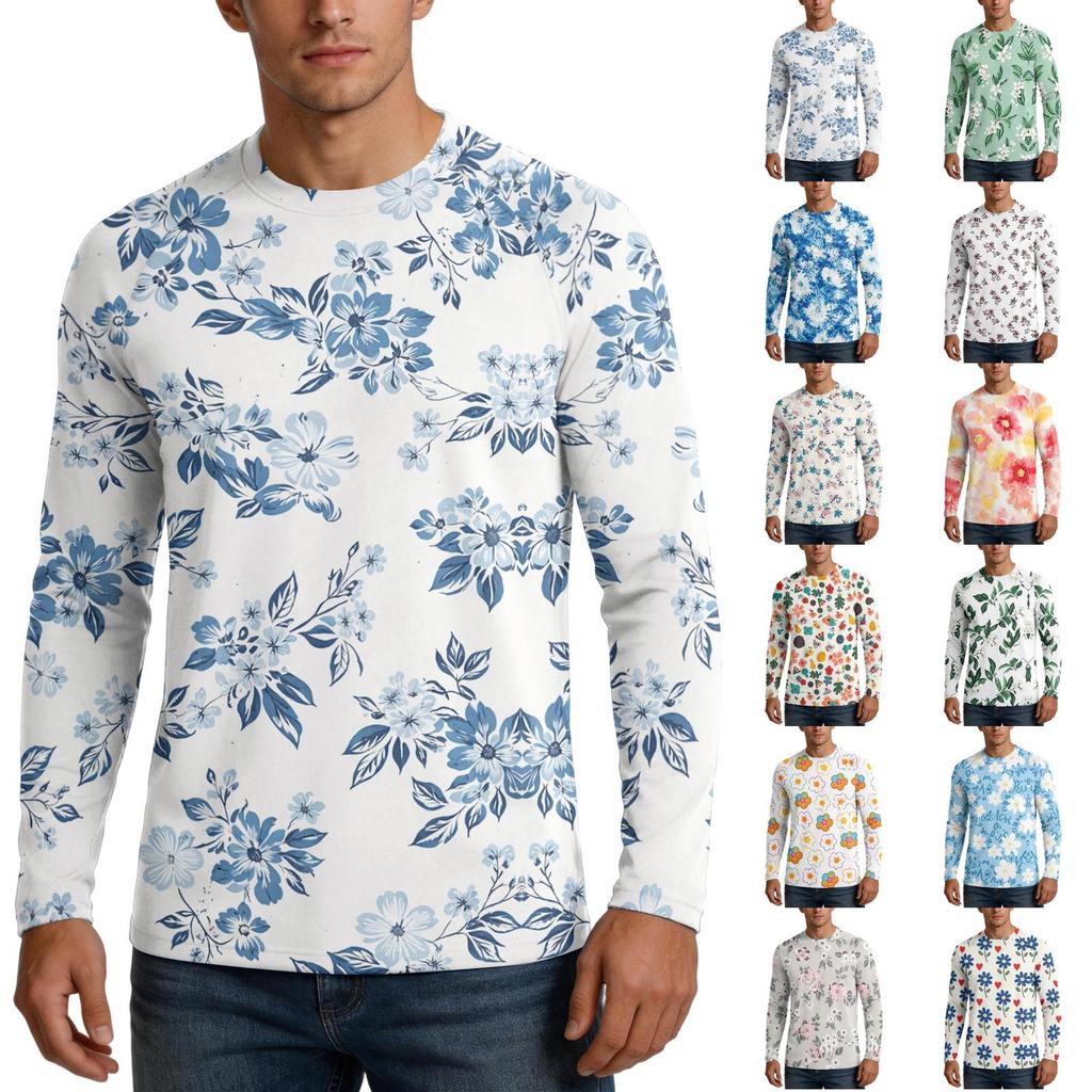 Men Long Sleeve UPF50 Plus Sun Protection Shirt UV Blocking Outdoor Sports Fishing Casual Top Floral Print Lightweight Fabric