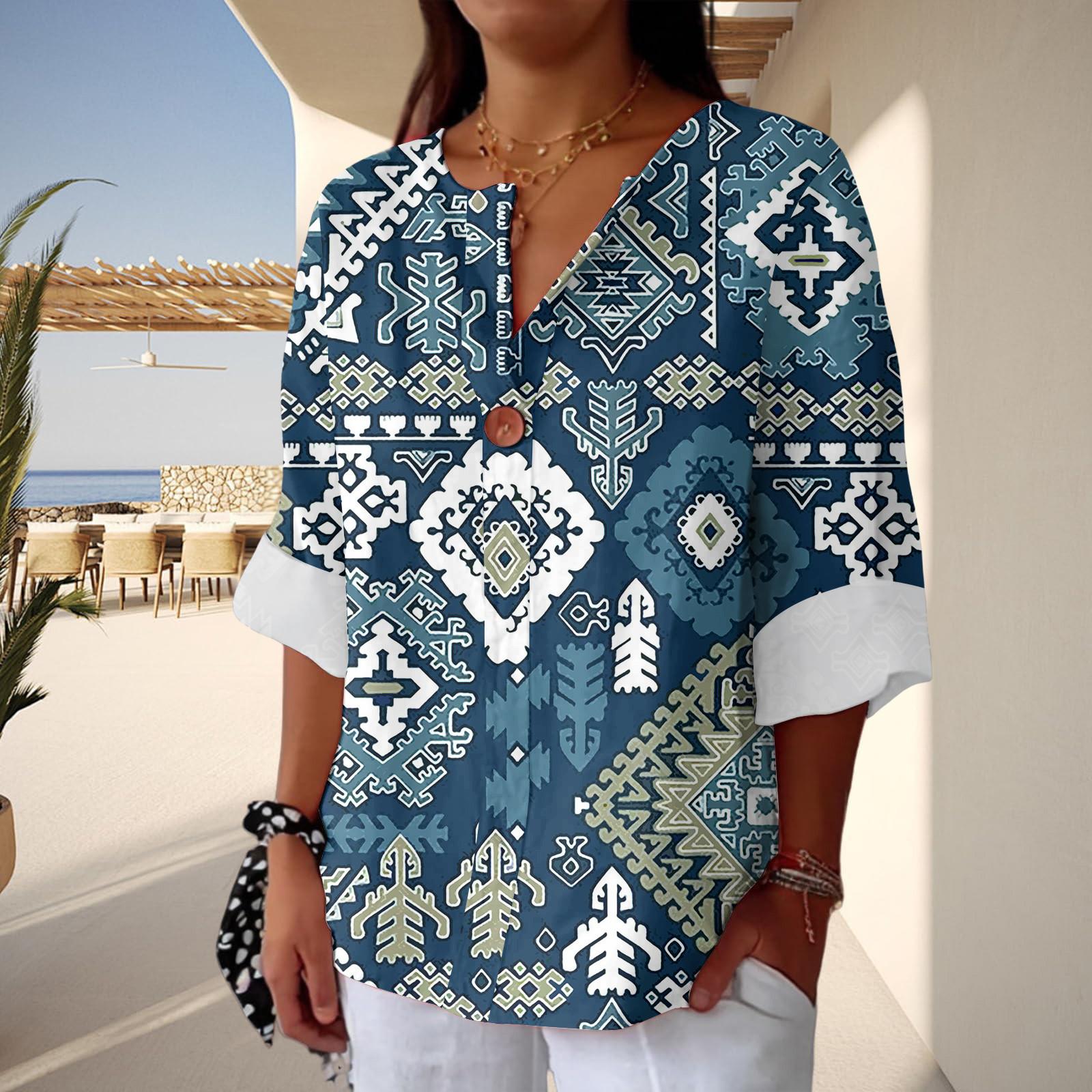 

Women s Fashion Casual Button V-Neck Cotton And Linen Printed Seven Sleeve T-Shirt Top L тёмно-синий