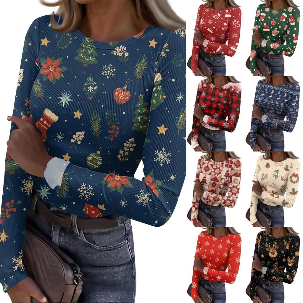 Women's Christmas Print Long Sleeve Round Neck Ribbed Knit Top