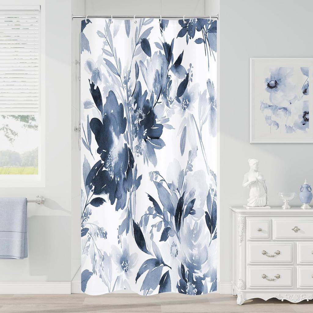 Blue Watercolor Floral Shower Curtain, Botanical Plant Leaves Design, Waterproof Fabric Set With Hooks