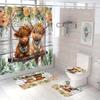 Cute Highland Cow Flower Bathroom Set - Waterproof Shower Curtain, Toilet Lid, Soft Bath Mat, And Comfortable Contour Mat