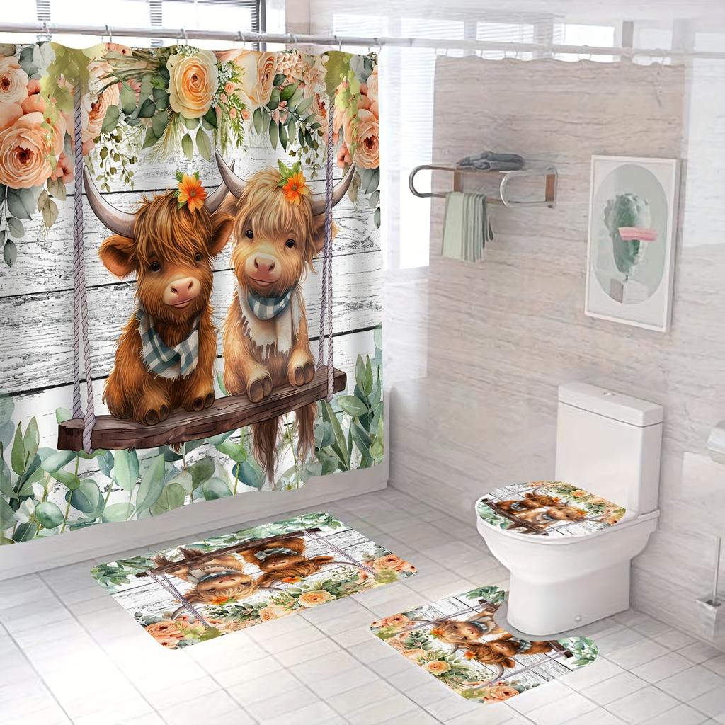 Cute Highland Cow Flower Bathroom Set - Waterproof Shower Curtain, Toilet Lid, Soft Bath Mat, And Comfortable Contour Mat