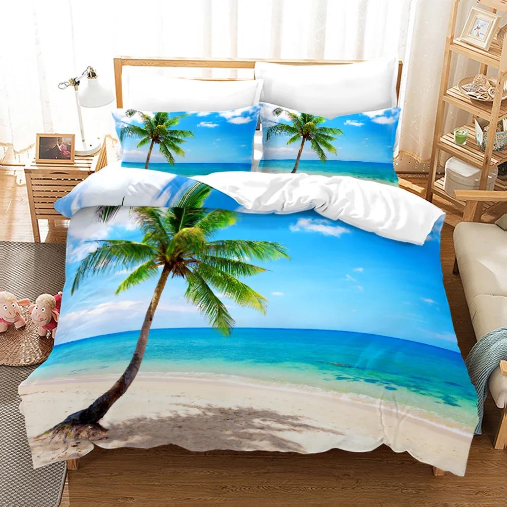 Beach Setting Sun Duvet Cover Set Tropical Island With The Palm Tree And Sea Beach Nature Theme Queen Size Quilt Cover