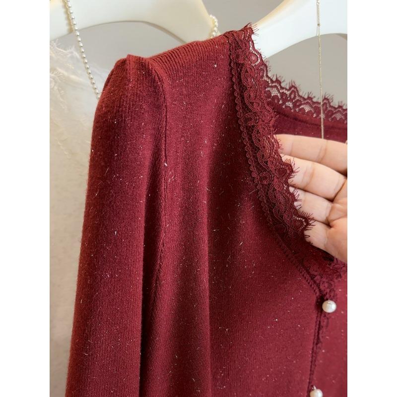 Glitter V-neck Sweater Women's Spring and Autumn New Lace Splicing Knitted Bottoming Sweater