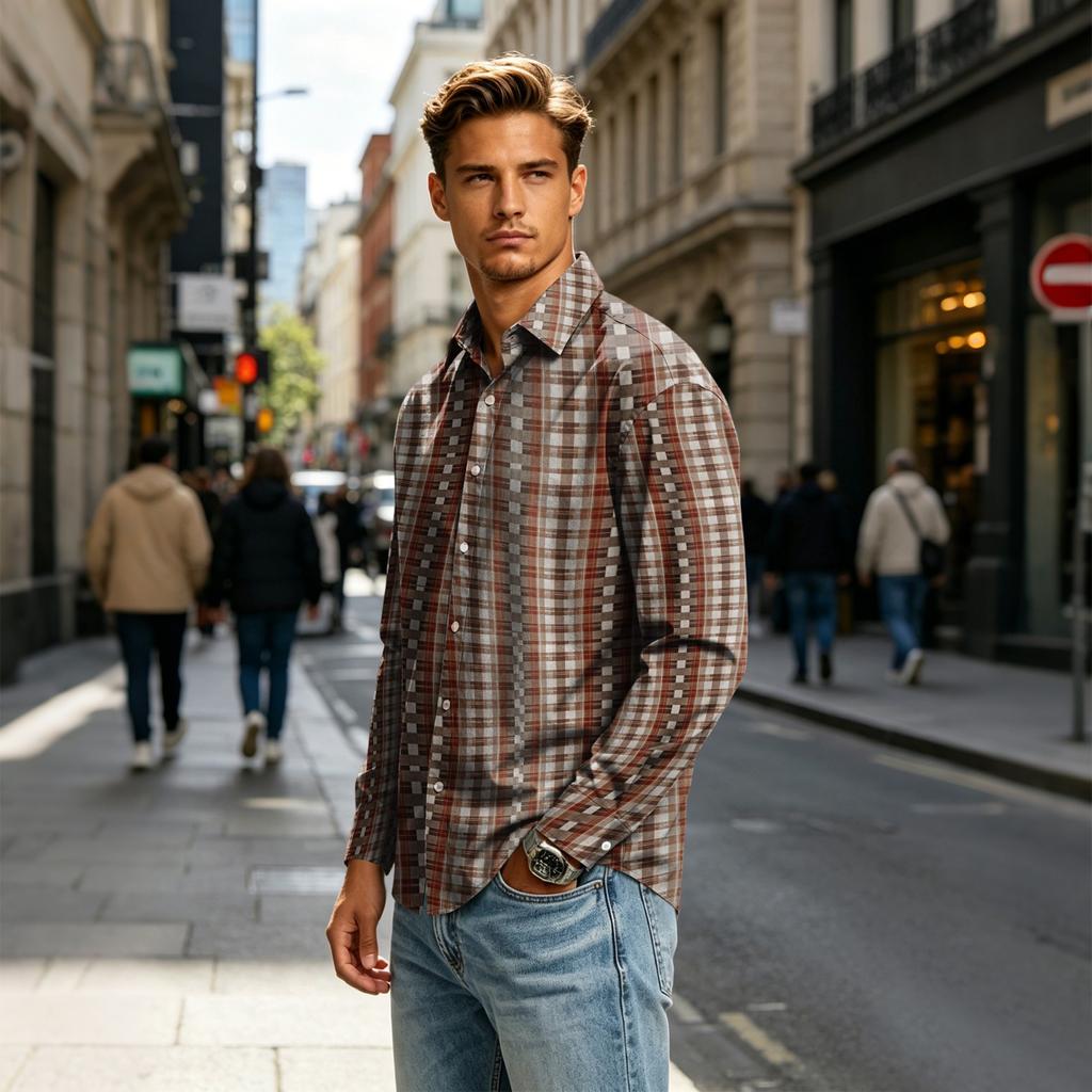 Men's Long Sleeve Plaid Button Down Shirt with Collar for Casual Everyday Wear